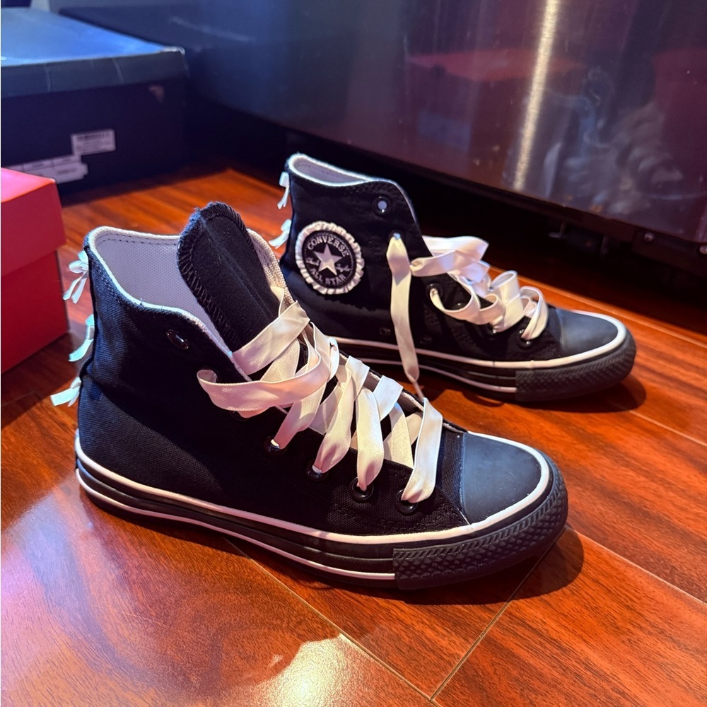 Black High-Top Canvas Sneakers with Pink Satin Ribbon Laces - Picture 2 of 9